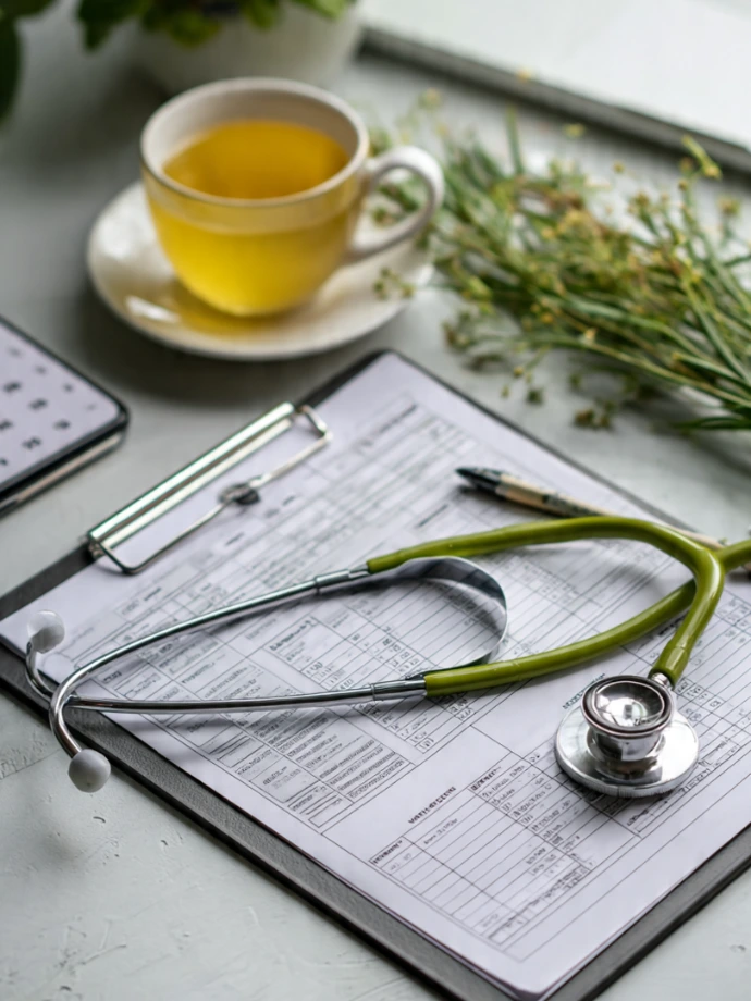 Stethoscope and medical clipboard representing doctor-led Ayurvedic consultation and hospital facilitation